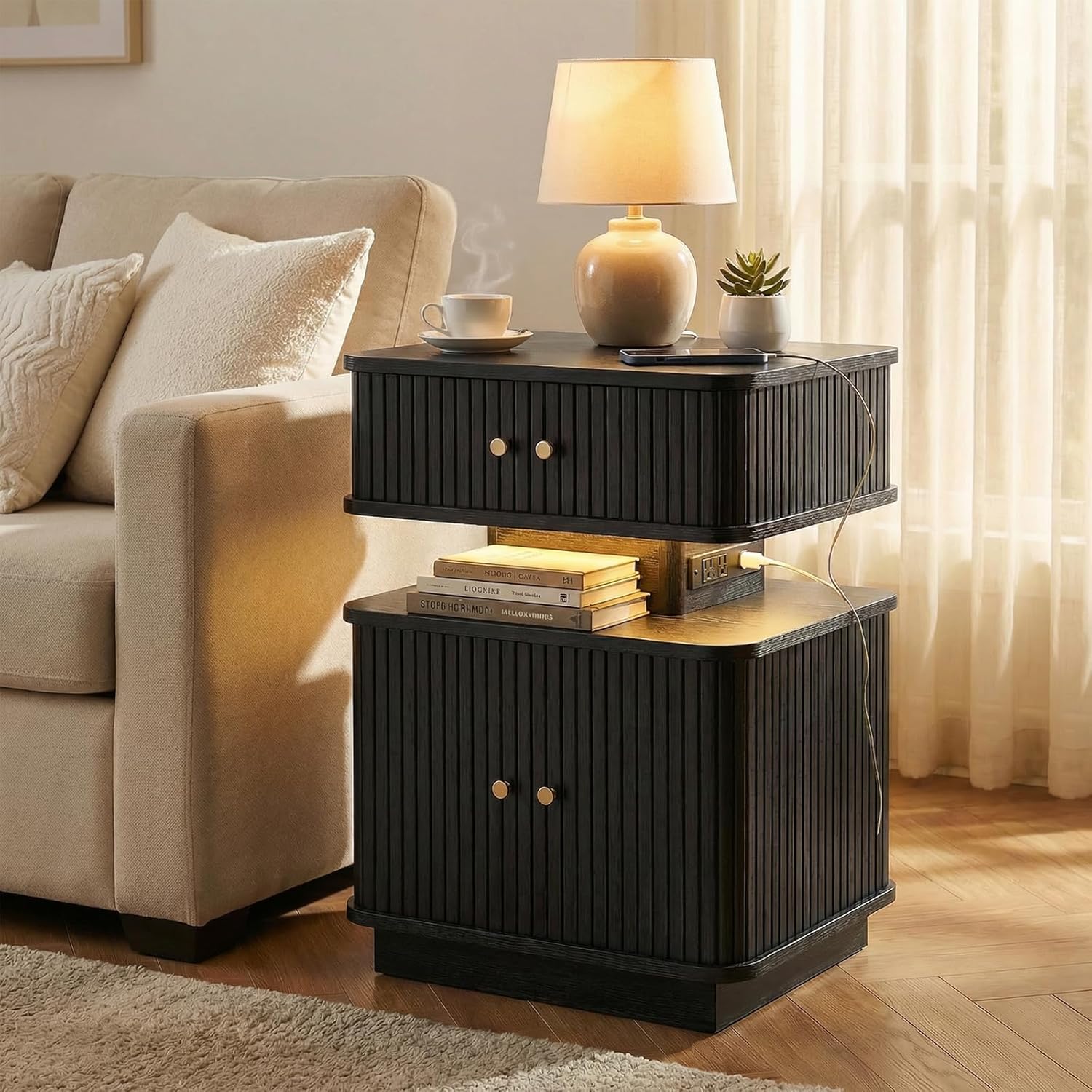LED Light End Table with Charging Station, Black Smart Mid Century Bedside Table with USB Type A C Ports, Small Fluted Accent Control Nightstand with 2 Sliding Door for Living Room, Curvy Edge
