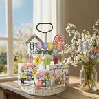 Smile Spring Wooden Decor Flower Floral Farmhouse Table Tray Home Kitchen, Spring Indoor Decoration