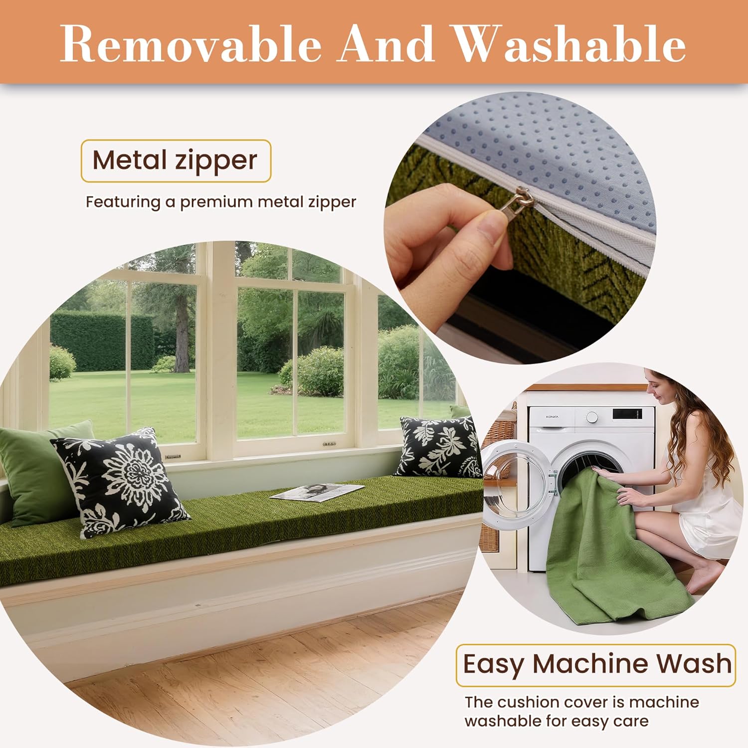 Custom Bay Window Cushions, Window Seat Cushions for Indoor Furniture, Breakfast Nook, Mudroom, Banquette Bench Cushion, Simple and Stylish Herringbone Fabric, Non-Slip & Removable, Pipe Design