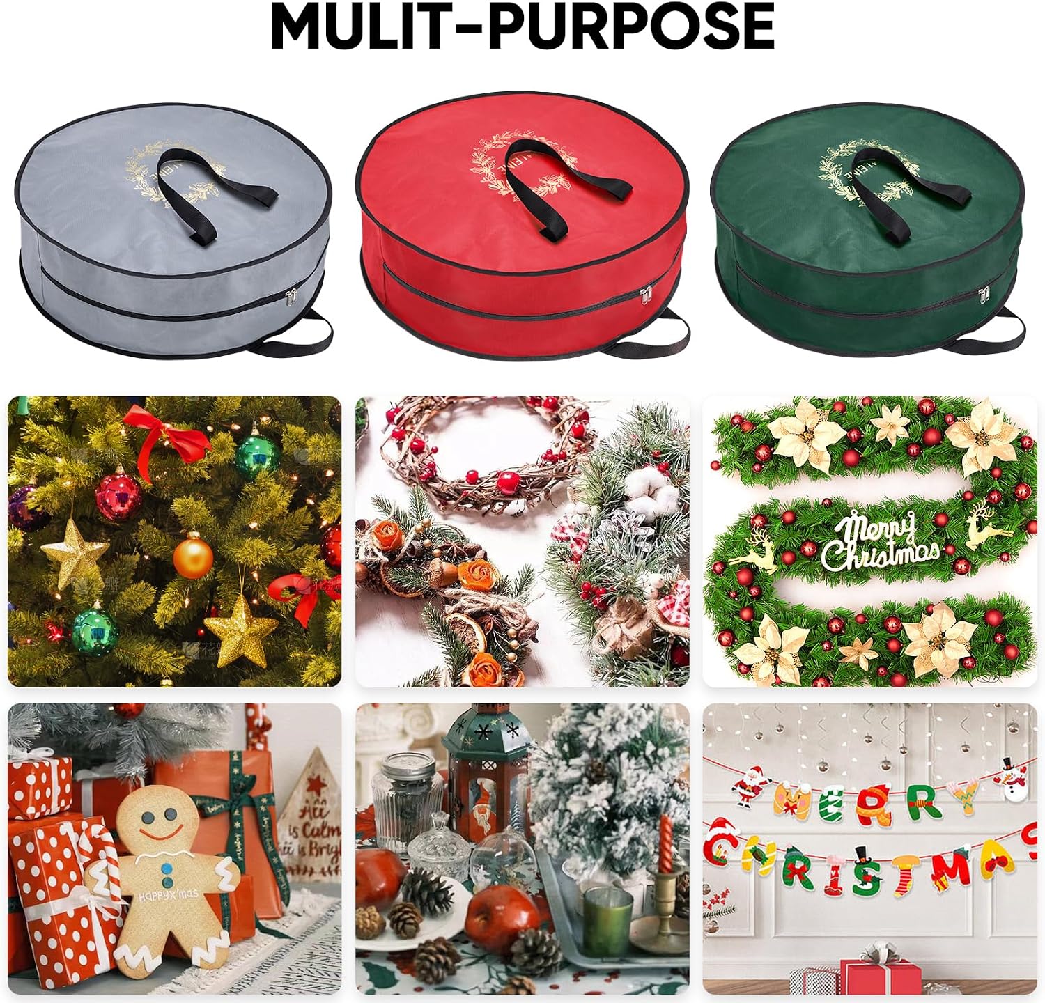 BALEINE 2 Pack Wreath Storage Container, Christmas Wreath Storage Bag with Reinforced Handle for Holiday Xmas (Red, 30"X8")