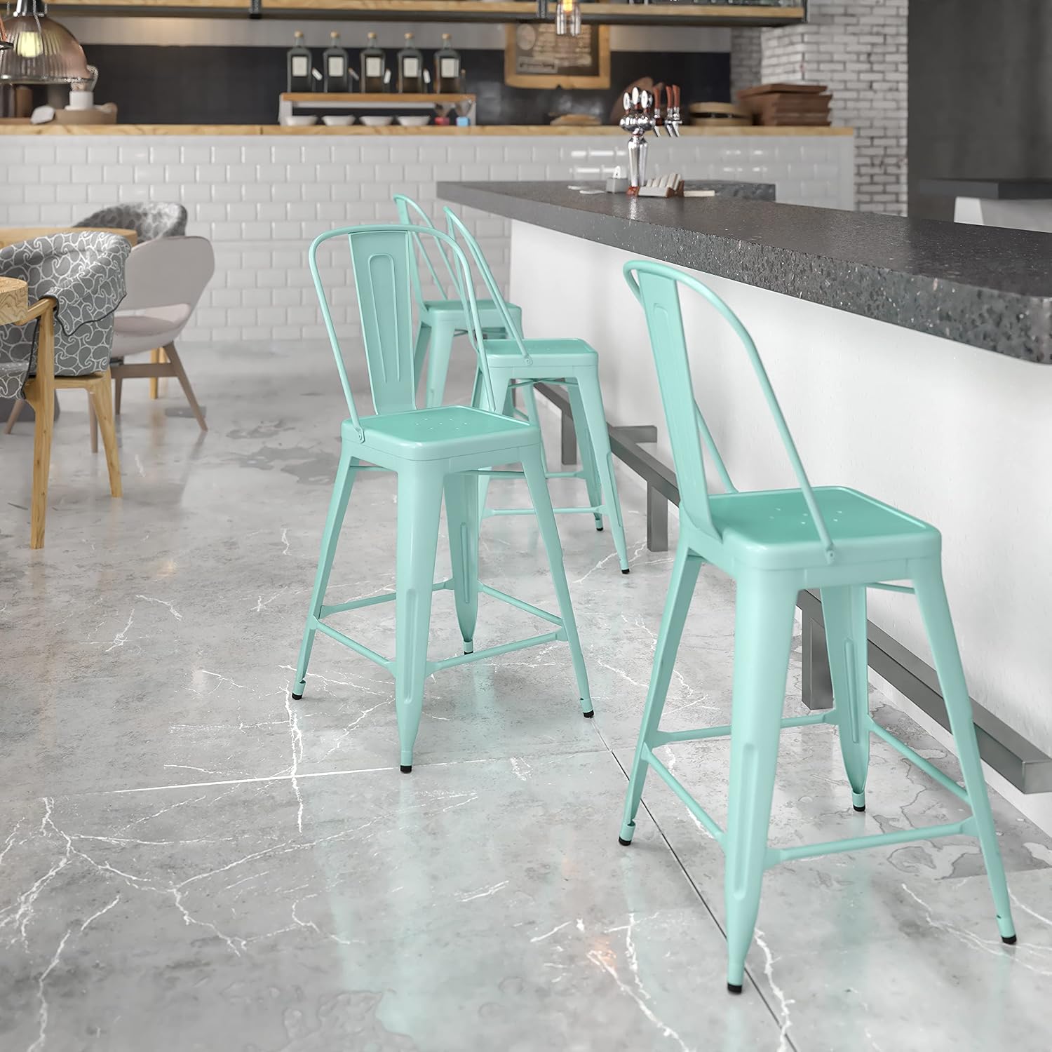 EMMA + OLIVER Commercial Grade 24" H Mint Green Metal Indoor-Outdoor Counter Stool w/Back