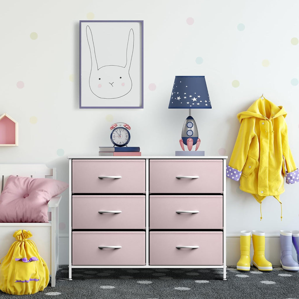Sorbus Dresser with 6 Drawers - Furniture Storage Tower Unit for Bedroom, Hallway, Closet, Office Organization - Steel Frame, Wood Top, Easy Pull Fabric Bins (6-Drawer, Pastel Pink)