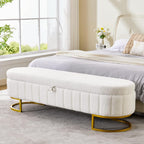 65" Curved Storage Ottoman Bench for Bedroom, Upholstered End of Bed Bench for King Size Bed, Oval Storage Bench with Gold Metal Legs, Bedroom Bench for Living Room Entryway, Beige Boucle