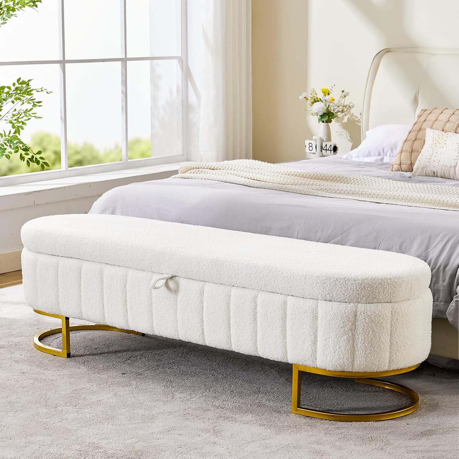 65" Curved Storage Ottoman Bench for Bedroom, Upholstered End of Bed Bench for King Size Bed, Oval Storage Bench with Gold Metal Legs, Bedroom Bench for Living Room Entryway, Beige Boucle