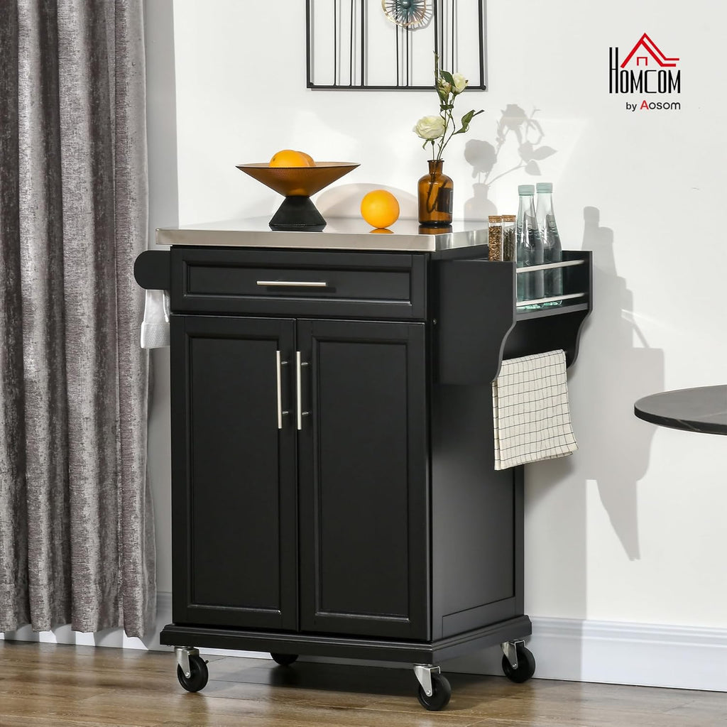 HOMCOM Kitchen Island on Wheels, Rolling Kitchen Cart with Stainless Steel Countertop, Drawer, Towel Rack and Spice Rack, Utility Storage Trolley, Black