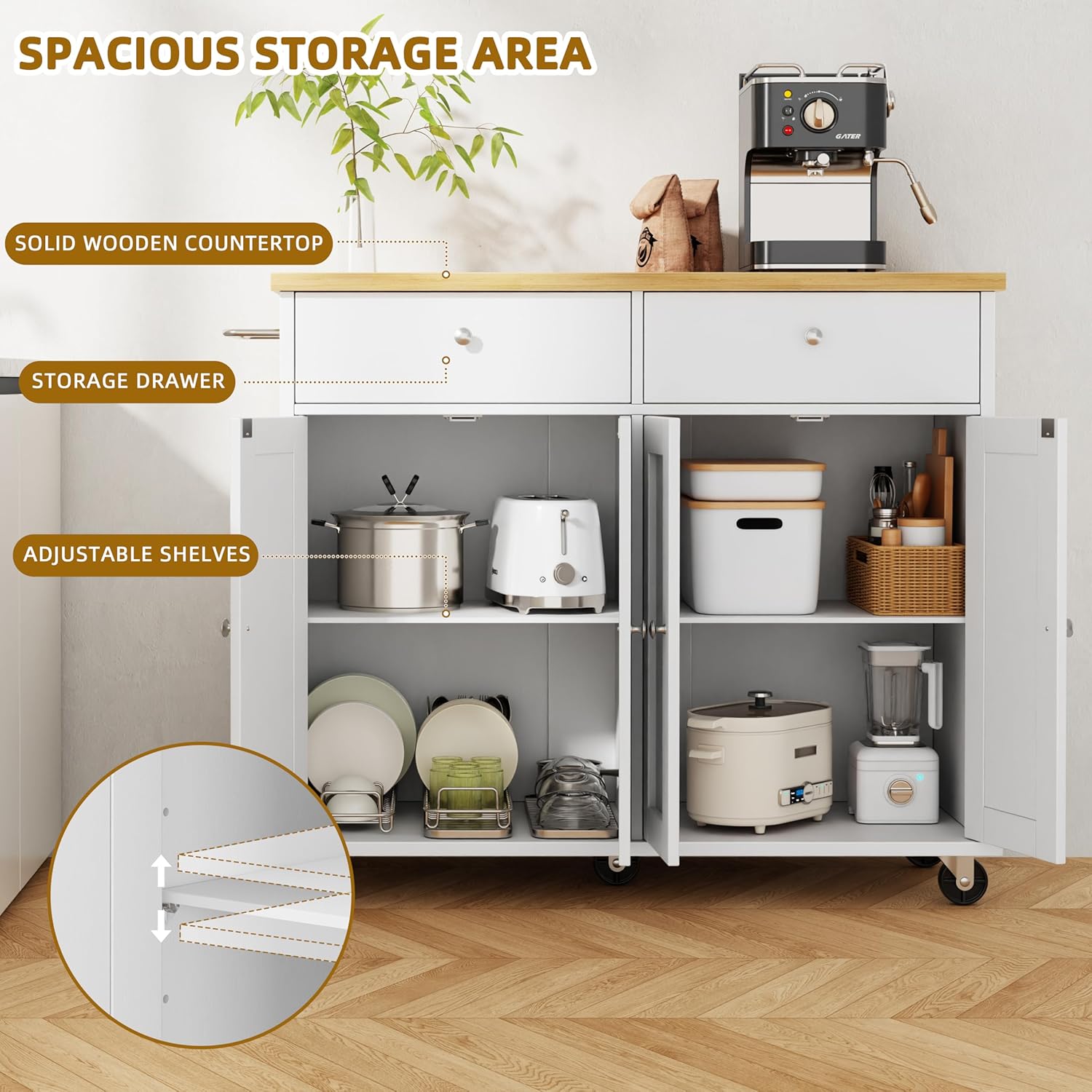 SUNLEI Kitchen Island with Storage, Kitchen Island on Wheels with Drop Leaf, Rolling Kitchen Island Cart with Cabinet and Drawers, Mobile Kitchen Storage Cart for Dining Room, White
