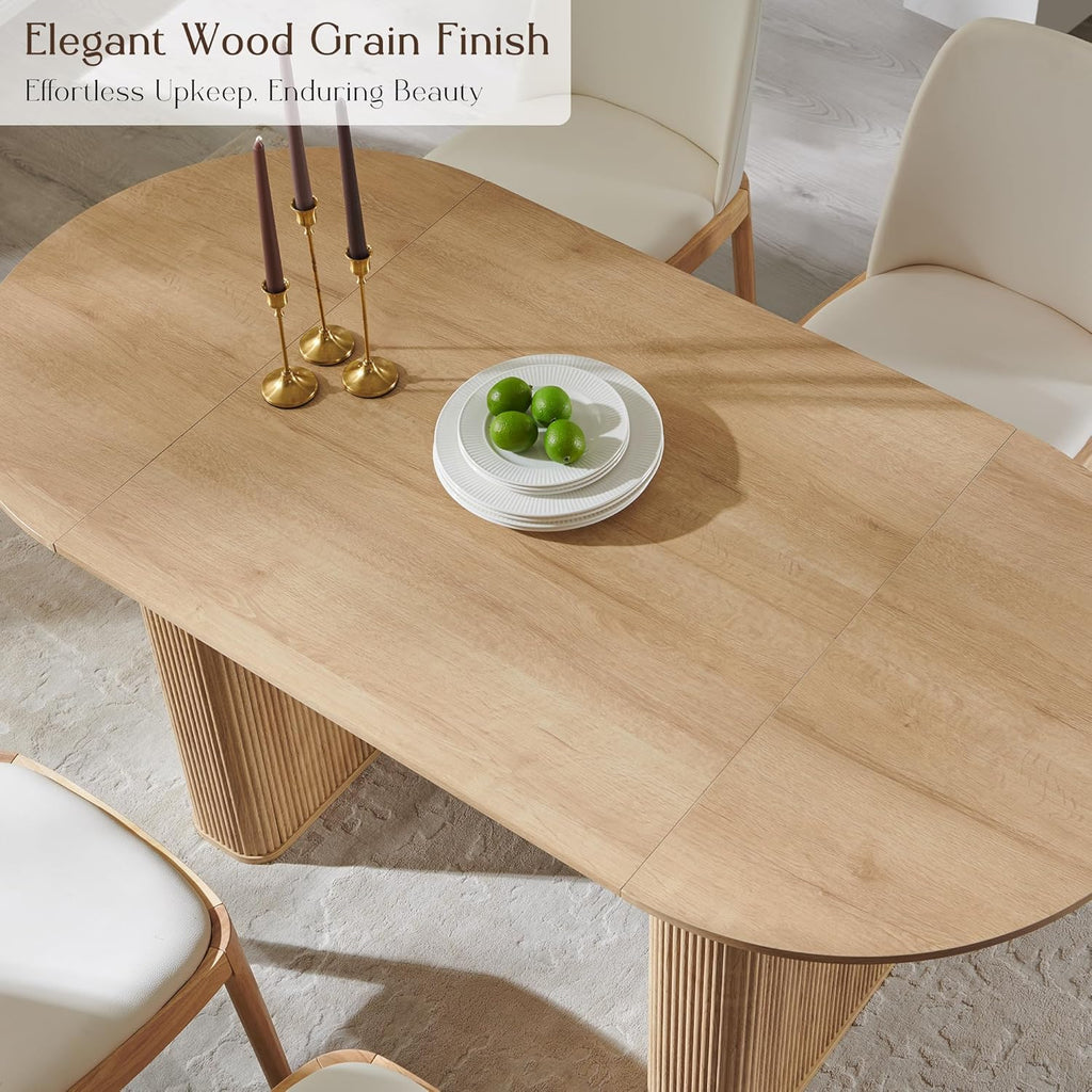 T4TREAM 63" Fluted Oval Dining Table for 4-6, Mid-Century Modern Kitchen Table with Thickened Edge & Strip Pedestal Base, Wood Luxury Table for Dining Room/Kitchen/Home Office,Natural Oak(Table Only)