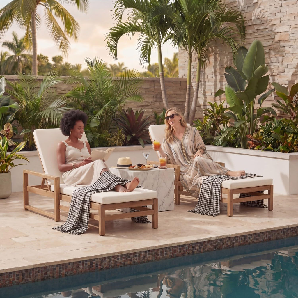 Outdoor Chaise Lounge Chair Set of 2, Patio Chaise Lounge Recliner with Adjustable Backrest, Acacia Wood Poolside Chaise Lounge with Thick All-Weather Cushions for Patio, Deck and Backyard(B)