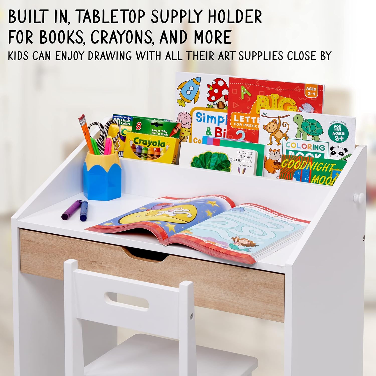 Lil' Jumbl Toddler Wooden Study Desk and Chair Set, Home School Learning Workstation with Writing Table, Storage Drawer, Tabletop Organizer & Hanging Hooks for Children Studying, Reading & Drawing