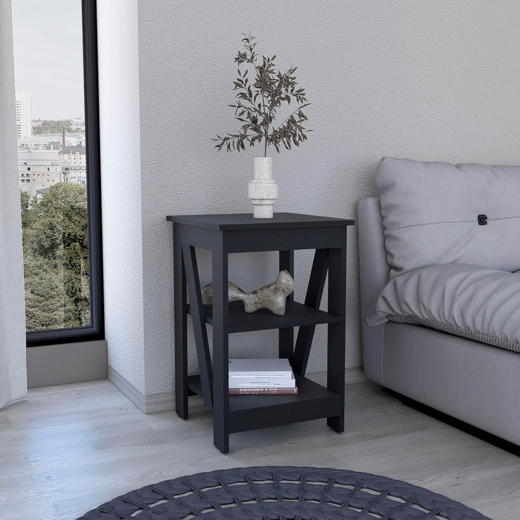 3-Tier End Table Modern Design: Black Wooden Side Table with Slanted Support - Compact 15.7x15.7 Inch for Small Studio Office & Workspace Storage Solution