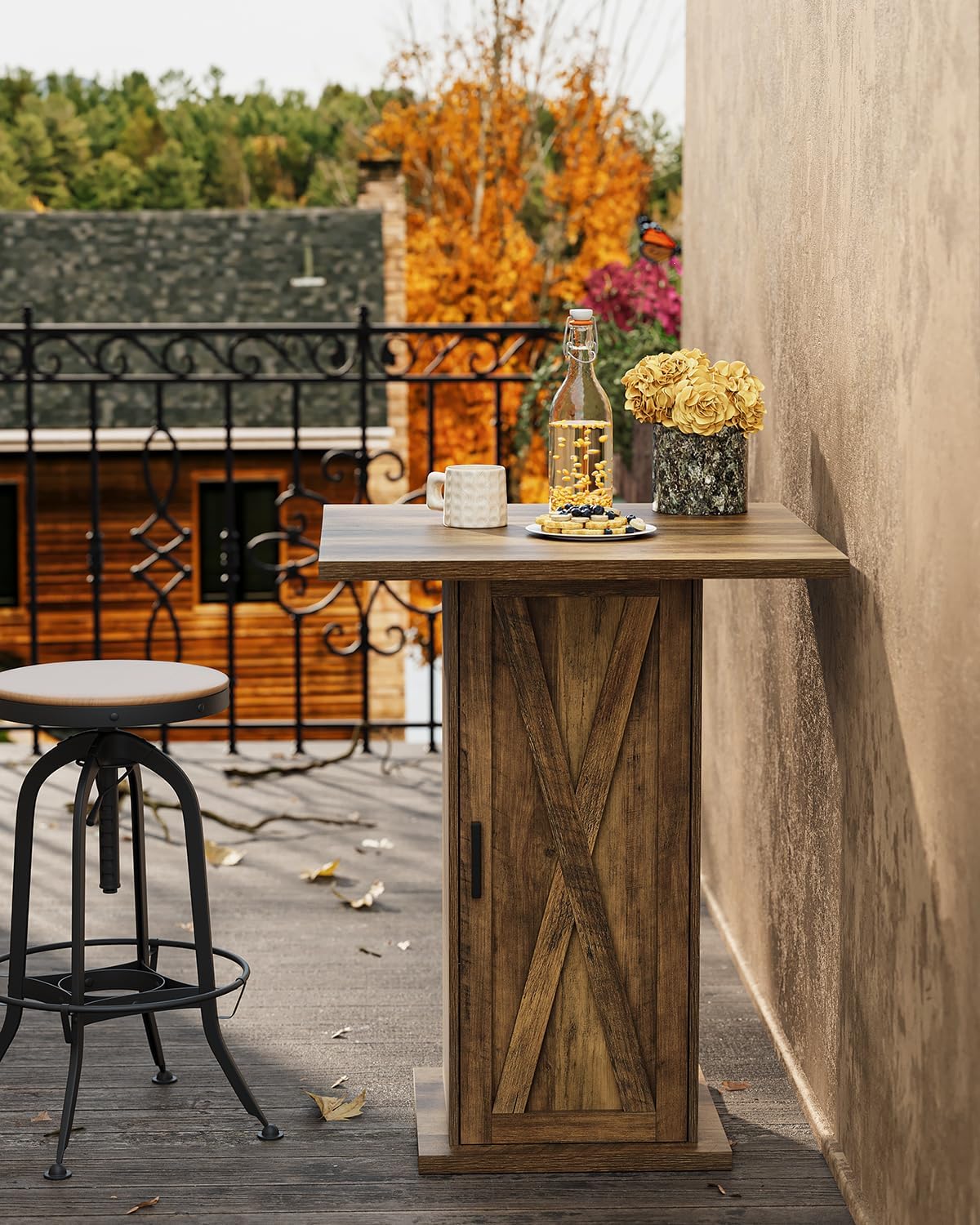 LITTLE TREE Bar Table with Storage Cabinet, 39.4" H Square High Top Pub Table, Wood Bistro Cocktail Table, Farmhouse Design with 3-Tier Cabinet for Pub, Bistro, Bar, Coffee, Dining Rustic Brown
