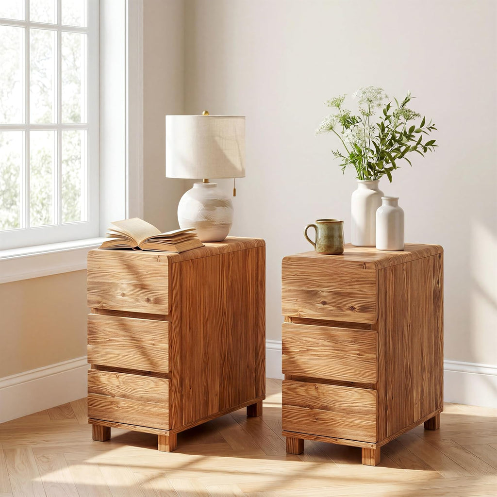 Set of 2 3 Drawers Solid Wood Side End Table for Living Room, Rustic Farmhouse Narrow Sofa Tables with Storage for Small Space, Bed Side Tables Bedroom