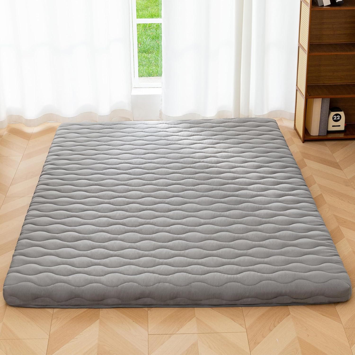 MAXYOYO Japanese Floor Futon Mattress Full Size, 3" Thicken Tatami Sleeping Pad Foldable Roll Up Mattress, Portable Floor Mattress Pad for Adults, Guest Room, Camping, Grey