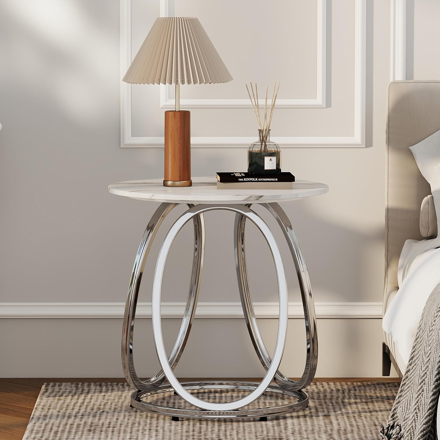 O&K FURNITURE Silver End Table, Round Side Table with Faux Marble Veins, Modern Nightstand for Bedroom, Living Room, Home Office, 1PC