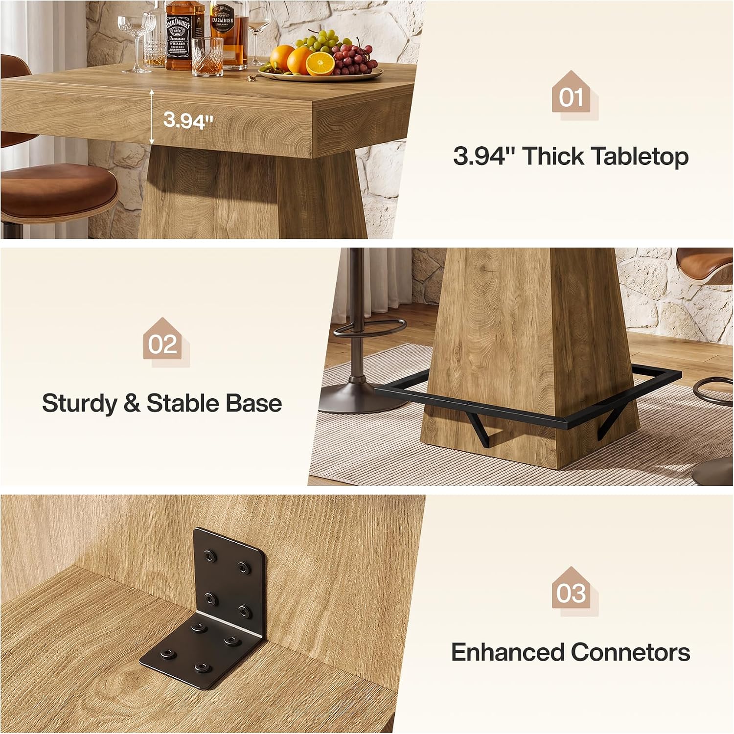 Tribesigns Square Bar Table, 37.4-Inch High Pub Table with Metal Footrest for Small Bars, Dining Room, Bistro, Kitchen, Light Brown(Only Table)