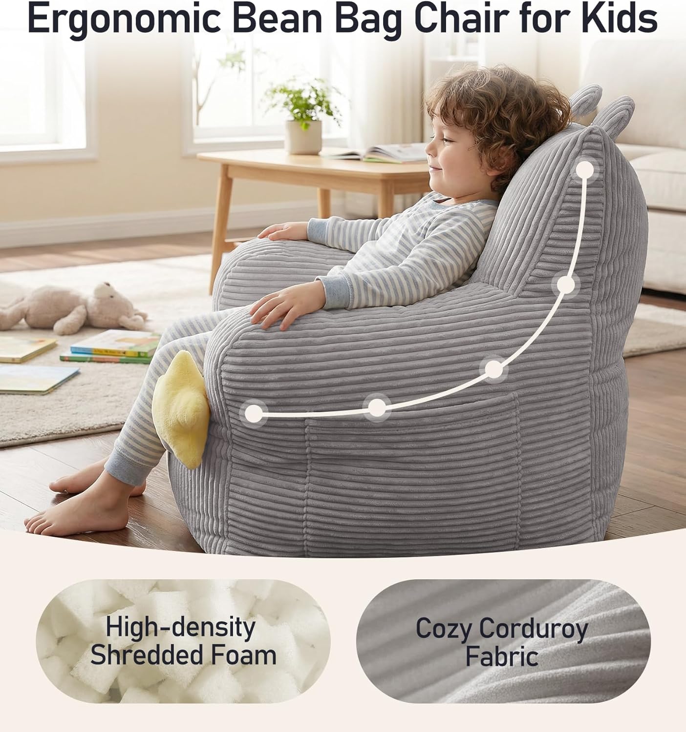 little dove Bean Bag Chairs for Kids, Comfy Bean Bag Chair with 2 Plush Toys, Toddler Chair with Pocket, Stuffed Lazy Sofa with Filler for Boys and Girls, Kids Chairs for Gaming, Reading, Grey