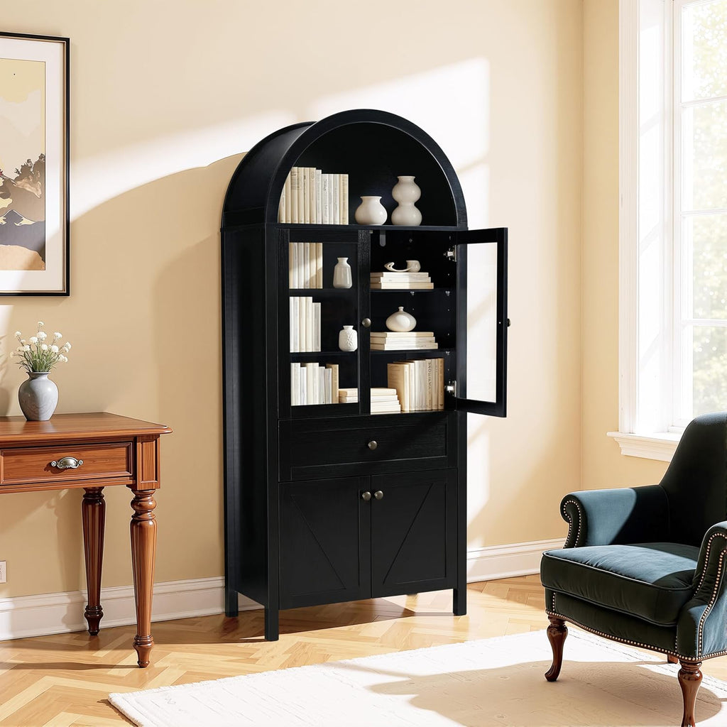 71" Tall Arched Pantry Cabinet, Kitchen Storage Pantry Cabinet, Farmhouse Wood Arched Bookshelf with Drawers and Adjustable Shelves for Living Room, Kitchen, Dining Room (Black)