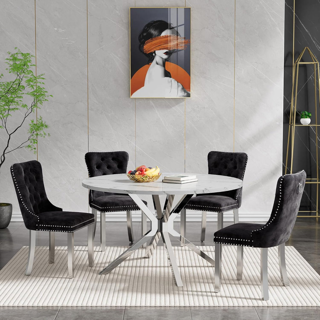 Modern Round Dining Table for 4 to 6, 47 inch Circle Dining Table with White Faux Marble Top & Silver Stainless Steel X Base, Round Dining Room Table for Kitchen Dining Room Small Space