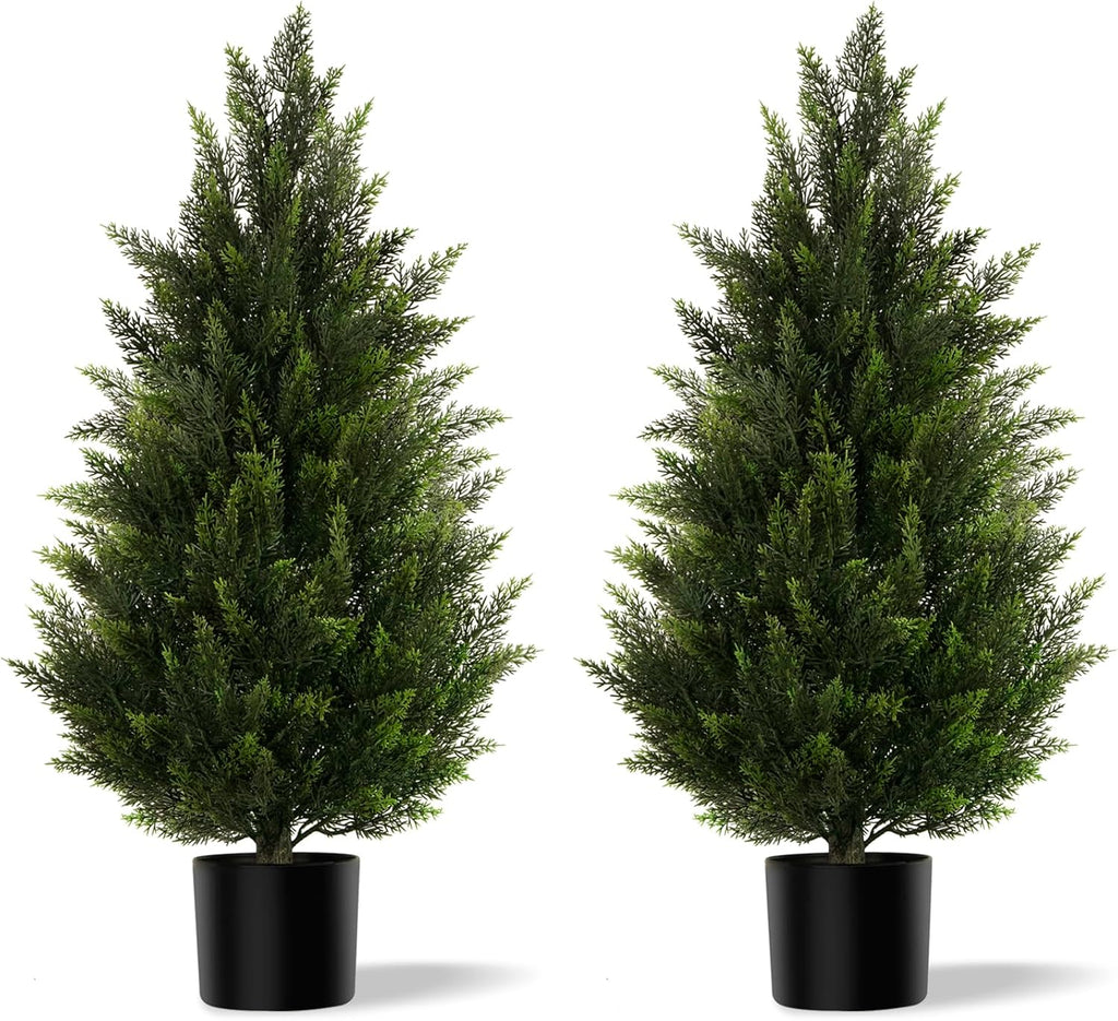 Vitalismo Artificial Topiary Cedar Trees 3FT Tall 2 Set, Outdoor Indoor Faux Pine Shrubs Plants, Realistic Fake Plants Front Porch Decor, Artificial Bushes Cypress for Home Front Door Offices