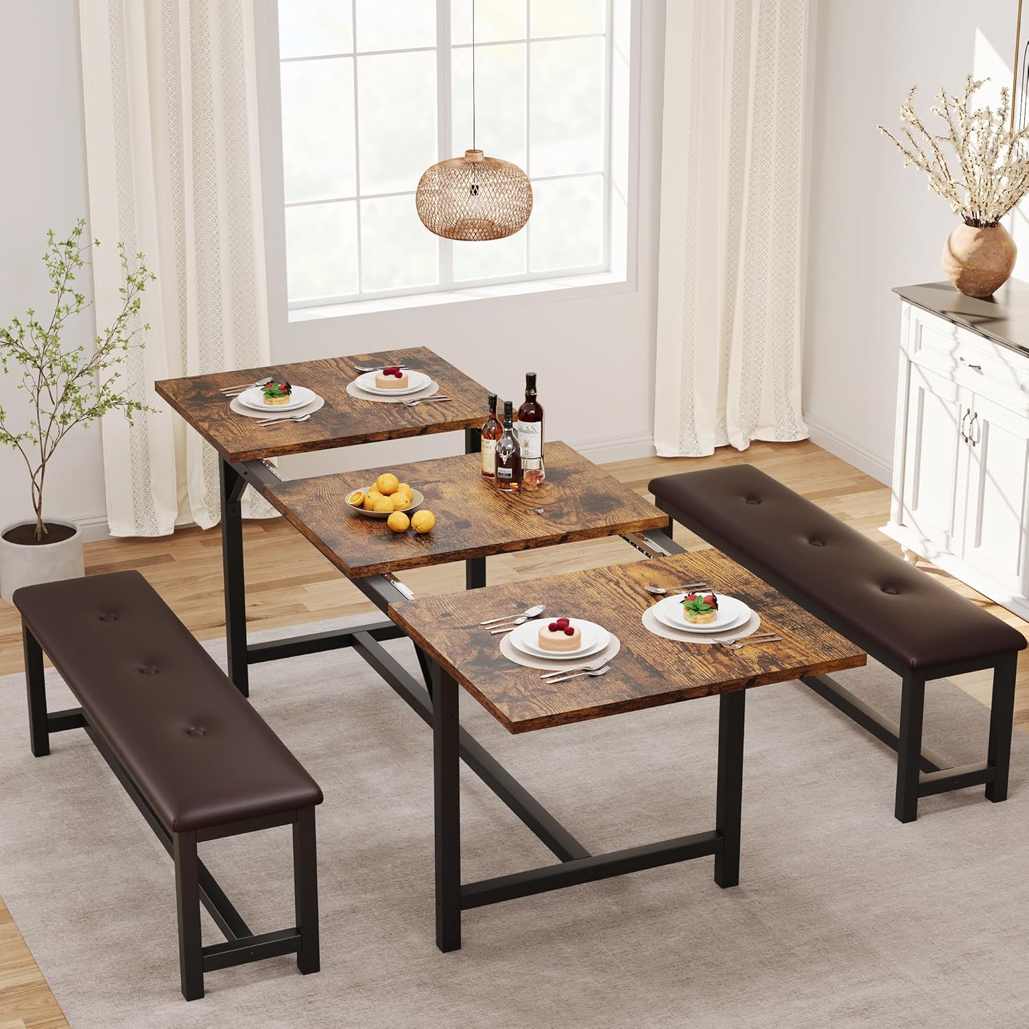 IDEALHOUSE 3 Piece Dining Table Set for 4-6, 63" Extendable Thick Metal Frame Kitchen Table with 2 Upholstered Benches Set for 6, Rectangle Wooden Dinette Table Set for Dining, Apartment, Retro Brown