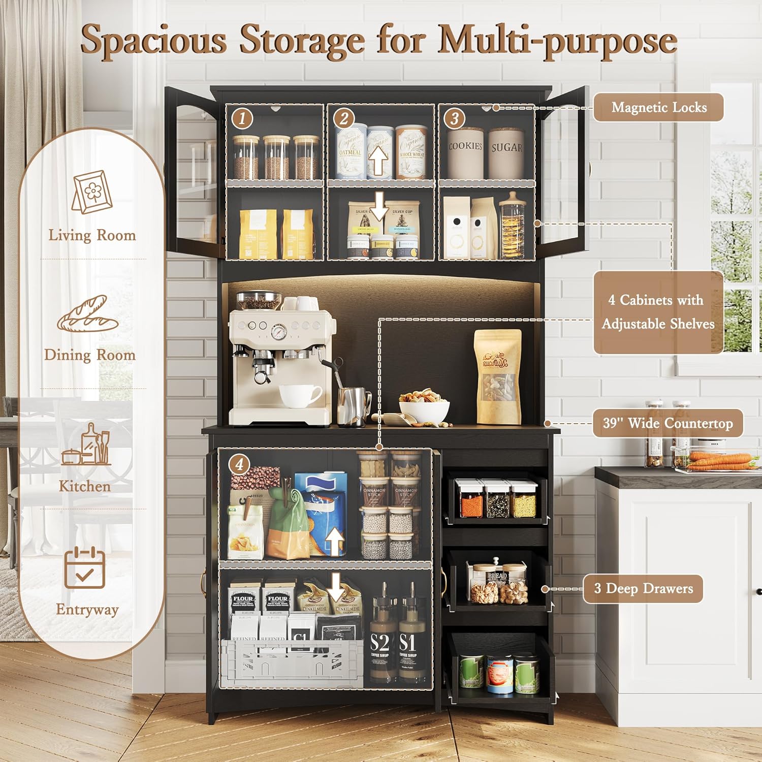 Garvee Kitchen Pantry Cabinet with LED Lights & Charging Station, 71" Tall Kitchen Hutch Storage Cabinet with Countertop, 3 Drawers, 4 Doors, Adjustable Shelves for Dining Room, Black