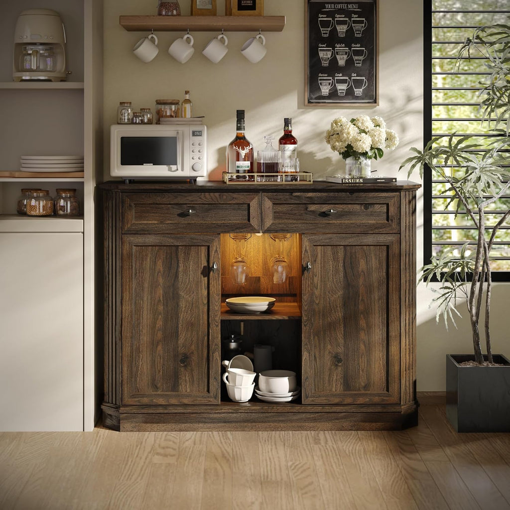 47" Wine Bar Cabinet with LED Light & Power Outlets, 2 Door Coffee Bar Cabinet with 2 Drawers, Sideboard Buffet Cabinet with Storage, Liquor Cabinet for Home Bar, Kitchen Living Room, Walnut Brown