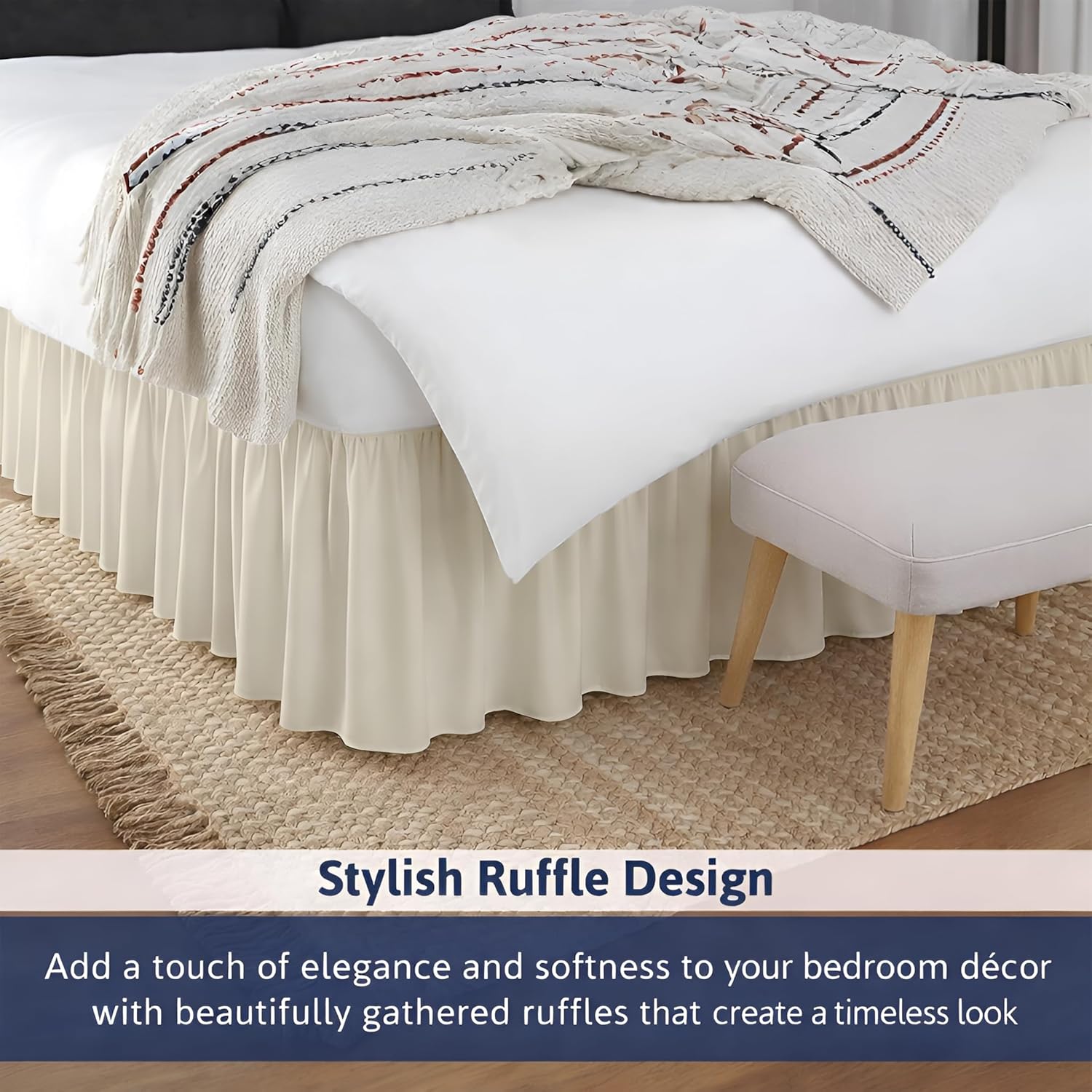 King Size Ruffled Bed Skirt - 16 inch Drop Dust Ruffle Bedskirt with Split Corners, Easy Fit Platform Design Bed Skirts, Three-Sided Coverage, Microfiber Bedskirts, Ivory