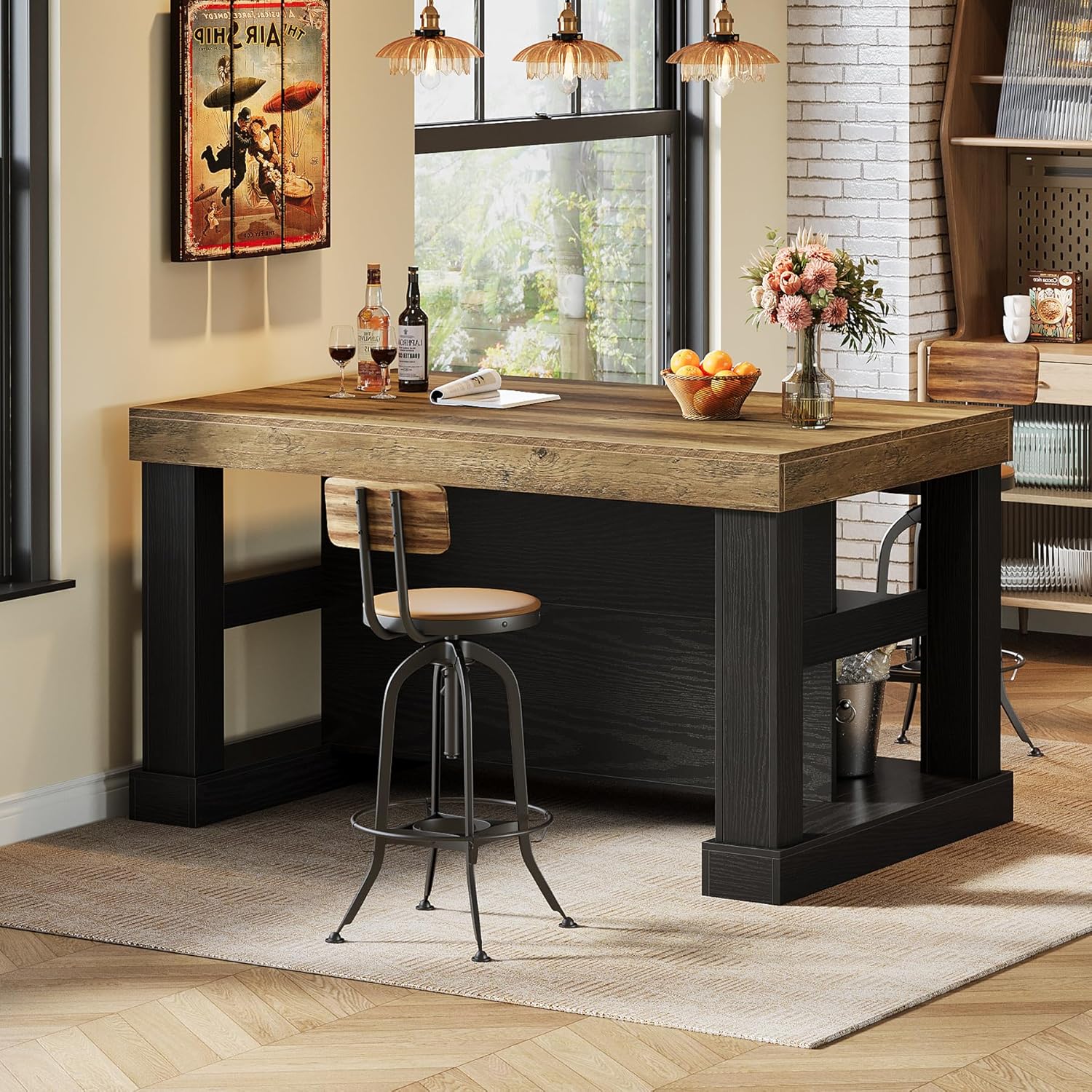Tribesigns Bar Table, 55-Inch Counter Height Pub Table with Storage Shelves, High Top Kitchen Dining Table, Rectangle Wood Home Bar Unit for Dining Room, Bistro, Black and Brown