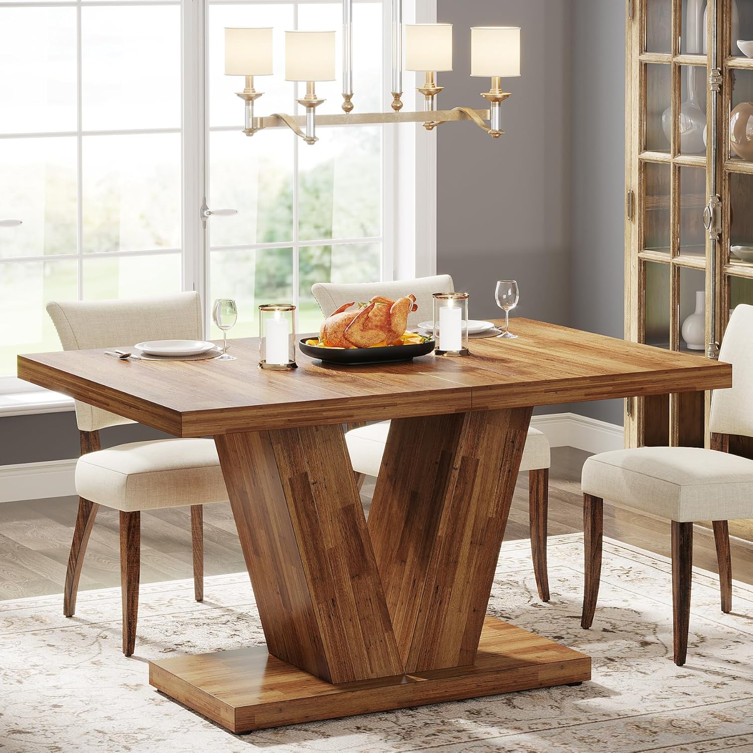 Tribesigns 47-Inch Dining Table for 4, Walnut Brown Kitchen Dinner Table with Heavy Duty Pedestal, Farmhouse Wooden Eating Table for Home, Dining Room, Small Space