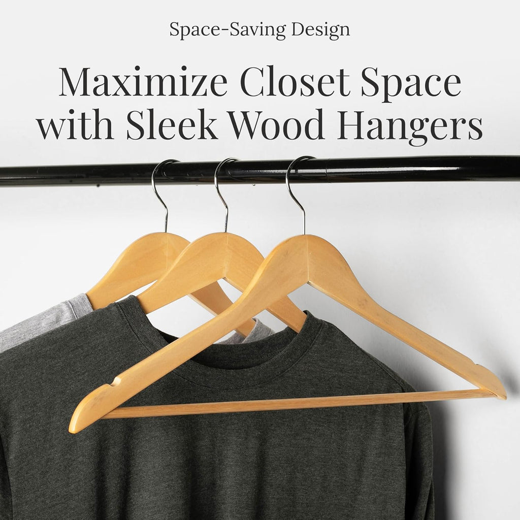 Wooden Hangers 20 Pack – Heavy Duty Wood Coat Hangers with Non-Slip Pant Bar & 360° Swivel Hook, Smooth Finish Clothes Hangers for Closet, Shirts, Suits, Jackets, Dresses & Pants – Natural Wood