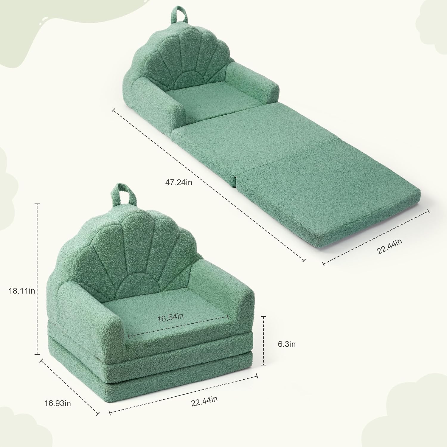 Airpanda Kids Chair, 2-in-1 Soft Couches that Fold Out for Kids Convertible Sofa for Playroom with Cute Petal Design, Green