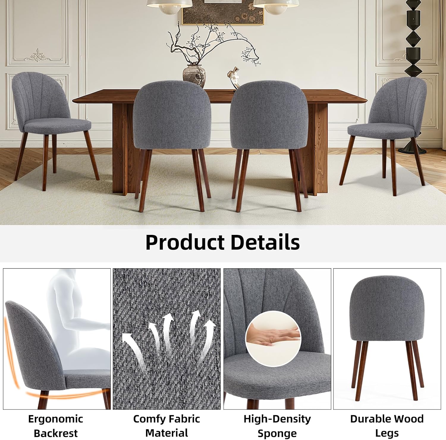 Fabric Dining Chairs Set of 4, Upholstered Mid Century Modern Dining Chairs, Armless Accent Chair with Walnut Wood Legs for Kitchen, Living Room, Dining Room, Grey