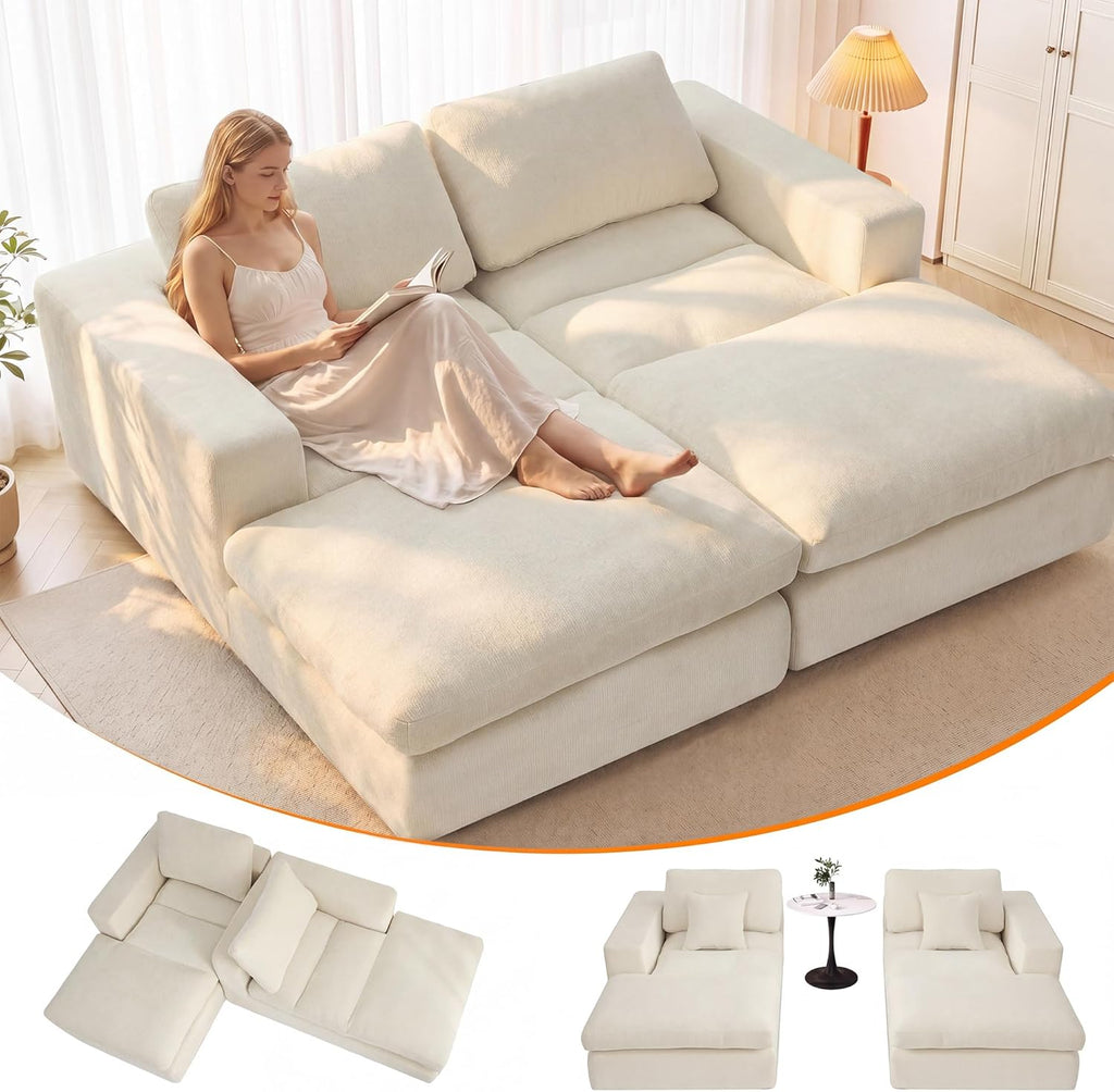 80.7" Oversized Double Chaise Lounge Chair Indoor, Cloud Boneless Sleeper Sofa Bed with 4 Pillows, Extra Deep Seat Cozy Loveseat Couch for Living Room Bedroom, No Assembly Required (Beige)