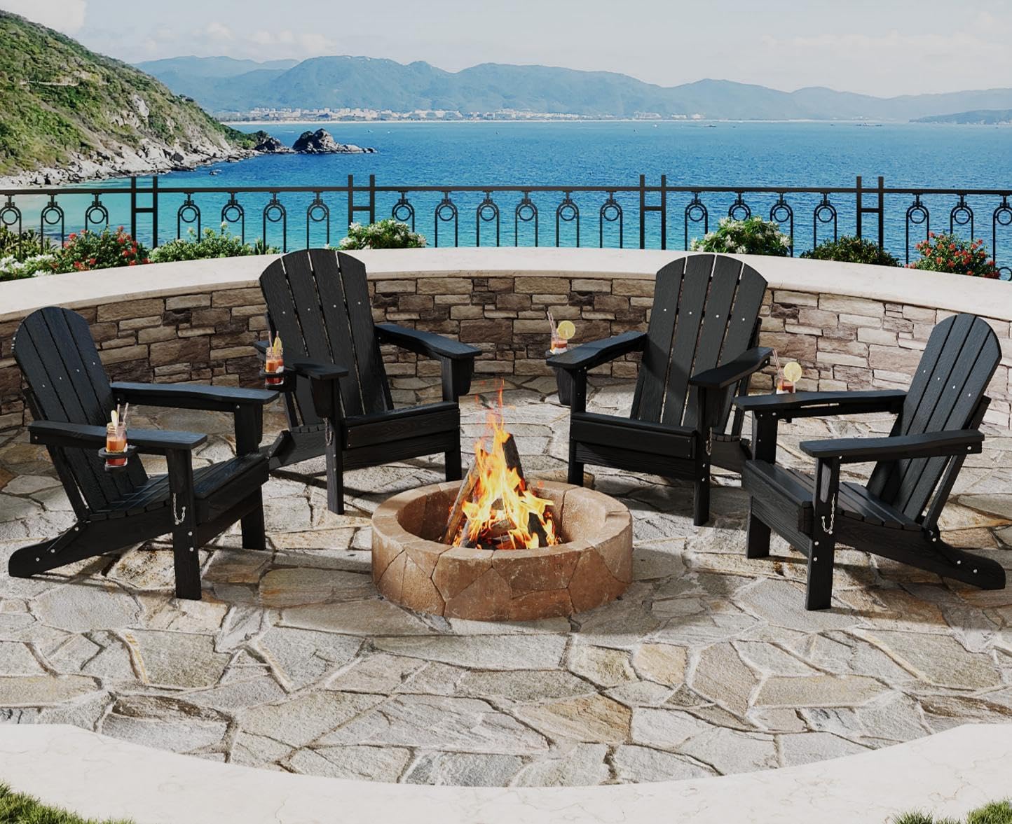 Garvee Folding Adirondack Chair Set of 4, HDPE Outdoor Patio Chair with Cup Holder, All Weather Resistent Wooden Textured for patios, Decks, Gardens, fire Pit, Black