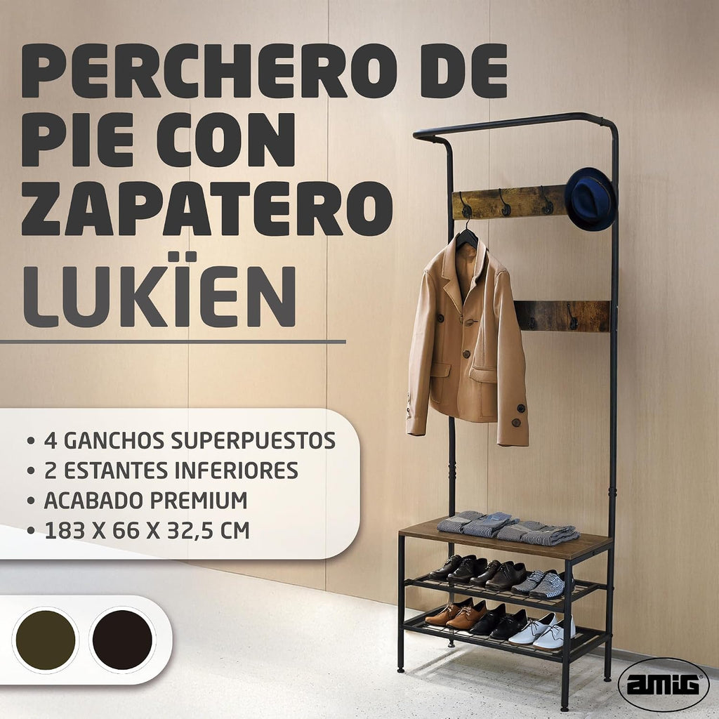Amig - Lukïen Standing Coat Rack with Shoe Rack - Industrial Style Bench - 183 x 66 x 32.5 cm - Metal and Wood - Black and Brown - Donkey for Hallway or Entrance Rustic Style