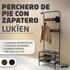 Amig - Lukïen Standing Coat Rack with Shoe Rack - Industrial Style Bench - 183 x 66 x 32.5 cm - Metal and Wood - Black and Brown - Donkey for Hallway or Entrance Rustic Style