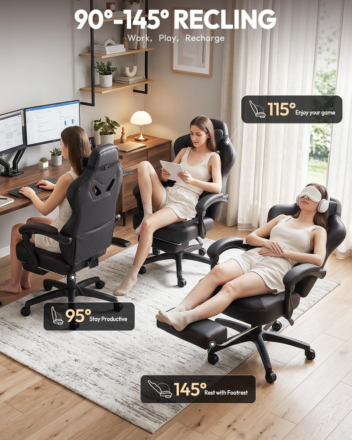 Dowinx Gaming Chair with Footrest, Big and Tall Gaming Chair for Heavy People, Ergonomic Gaming Chair for Adults, Reclining Computer Game Chair with Massage Lumbar Support, Black
