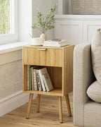 Oak Fluted Nightstand, Modern Bedside Table with Storage Drawer, Wood Night Stand Side End Table for Bedroom, Living Room, Office