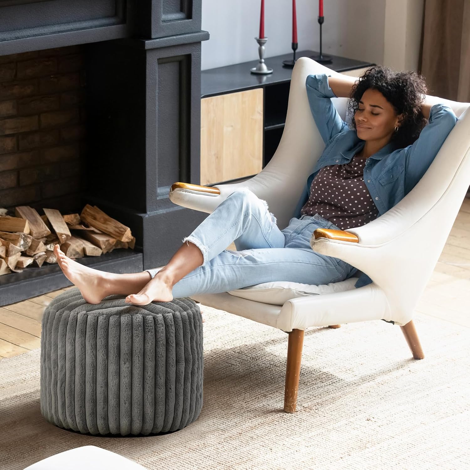 Teenyyou 2 Pcs 20 x 15 Inch Unstuffed Pouf Cover Ottoman Foot Rest - No Filler, Faux Rabbit Fur Foot Stool Floor Bean Bag Floor Chair Storage for Living Room Bedroom Home Decor(Gray)