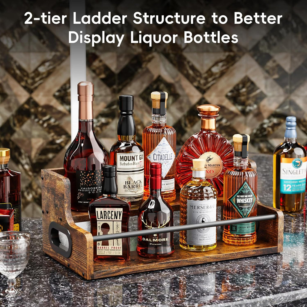 KLM Liquor Bottle Display Shelf, Coffee Syrup Rack Organizer, 2 Step Countertop Liquor Wine Rack, mini bar,Liquor Cabinet, Home Retro Bar Shelf Stand for Liquor Whiskey, Spirits, Brown