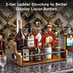KLM Liquor Bottle Display Shelf, Coffee Syrup Rack Organizer, 2 Step Countertop Liquor Wine Rack, mini bar,Liquor Cabinet, Home Retro Bar Shelf Stand for Liquor Whiskey, Spirits, Brown
