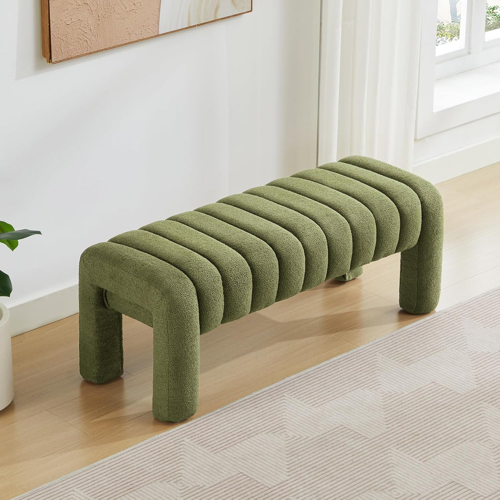 43.3" Dining Room Bench, Green Tufted Upholstered End of Bed Bench, Modern Entryway Ottoman Window Seat with Solid Wood Legs and Padded Seat for Bedroom, Hallway and Living Room (Boucle)
