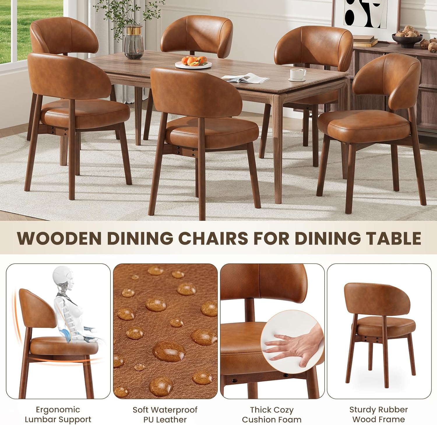 MALOL Wooden Dining Chairs Set of 4, Modern Upholstered Dining Room Chair, PU Leather Kitchen Side Chairs with Curved Open Back for Living Room/Restaurant/Cafe, Brown