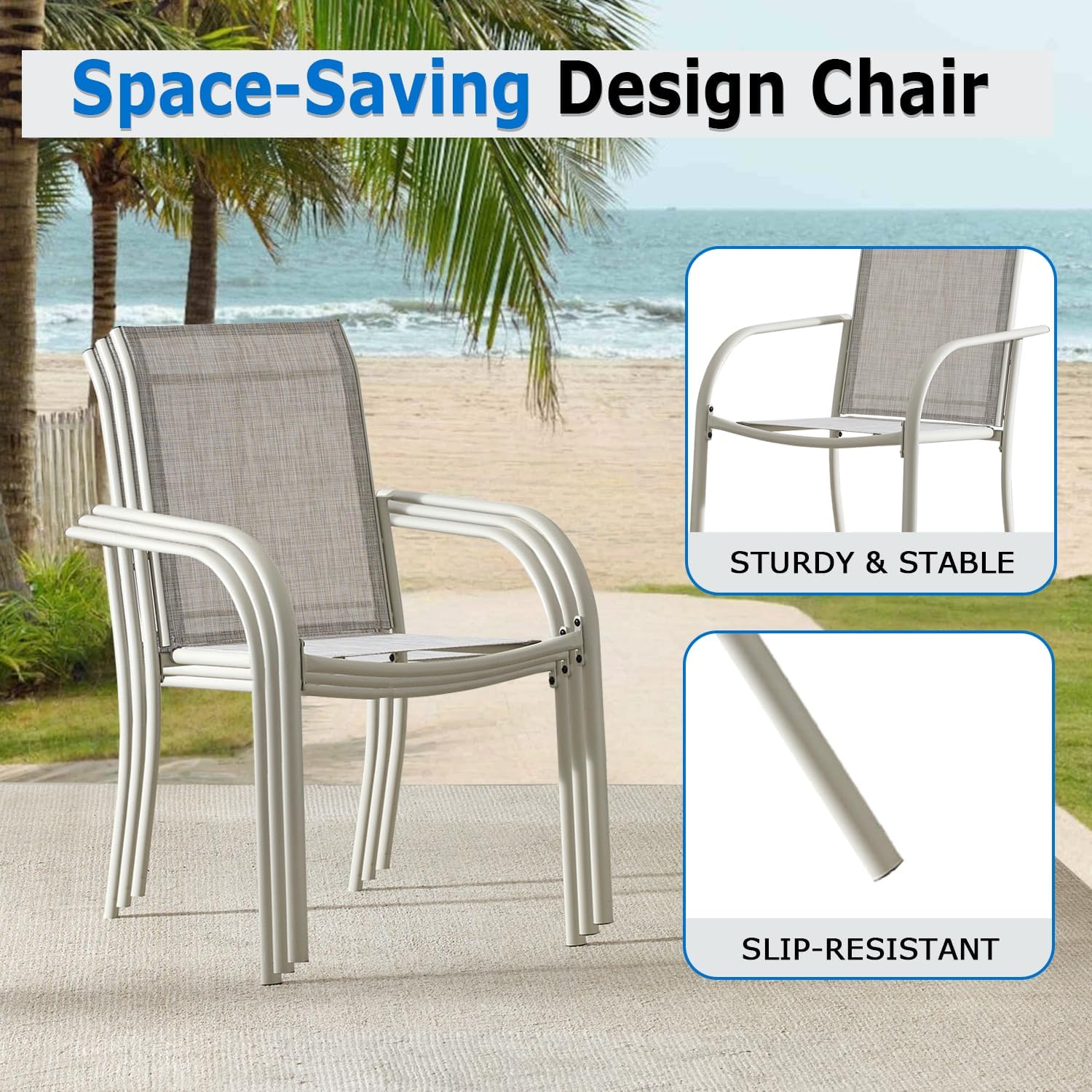 Outdoor Dining Chairs Set of 4, Stackable Patio Chairs with Textilene Fabric, Lightweight Garden Chairs for Poolside, Backyard, Camping, Grey