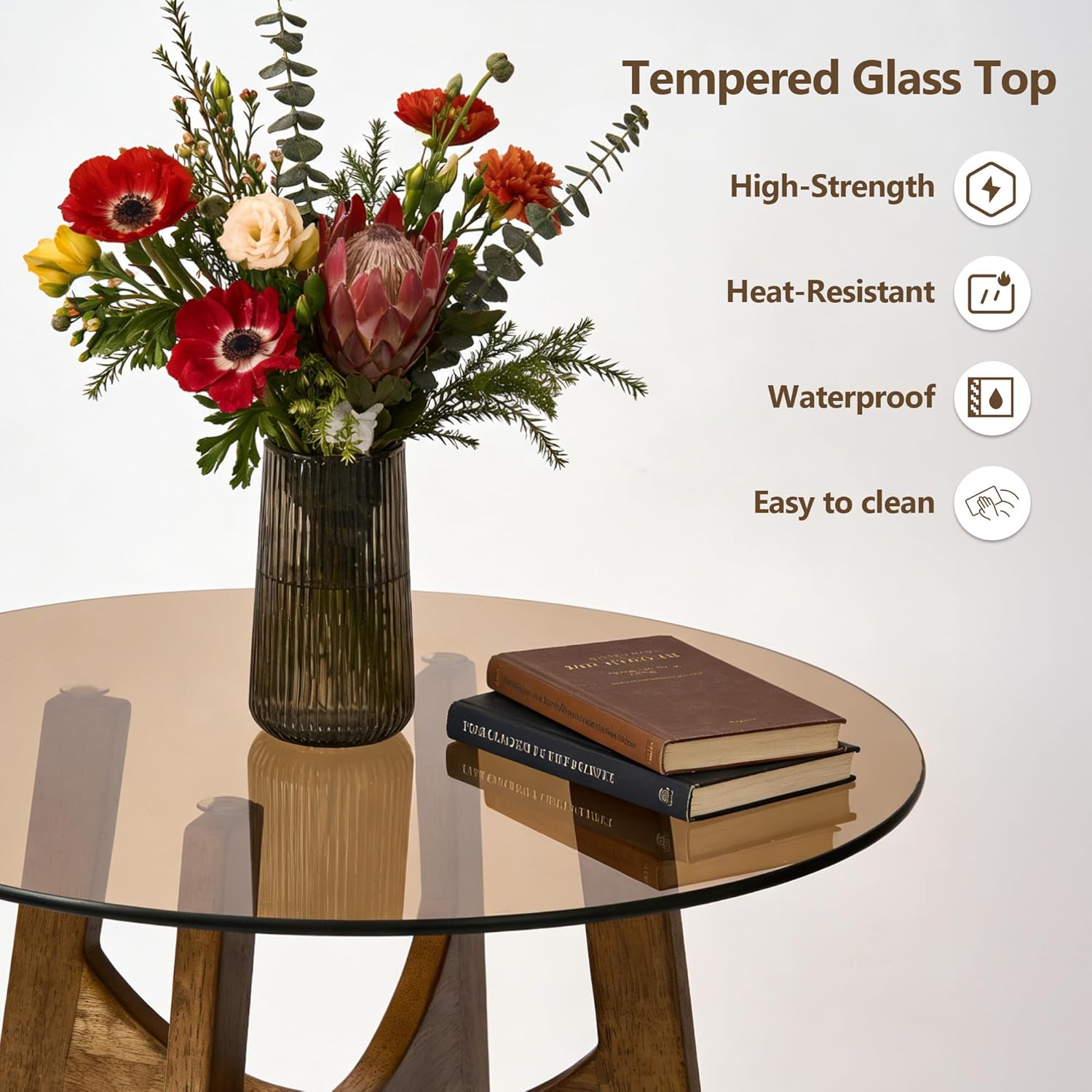 24 inch Round Glass Dining Table for 2, Tempered Glass Top with Solid Oak Tulip Base, Modern Small Kitchen Table for Apartment, Bistro and Dining Room