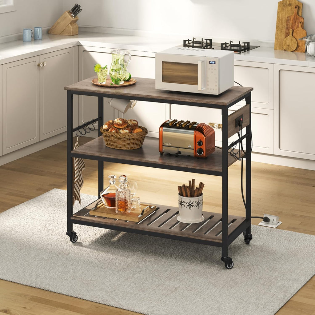 Yaheetech Kitchen Island Cart with Power Outlet, Kitchen Carts on Wheels with Storage, 3-Tier Microwave Stand with Foodpads, Glass and Mug Holders, 8 Hooks, Taupe Wood