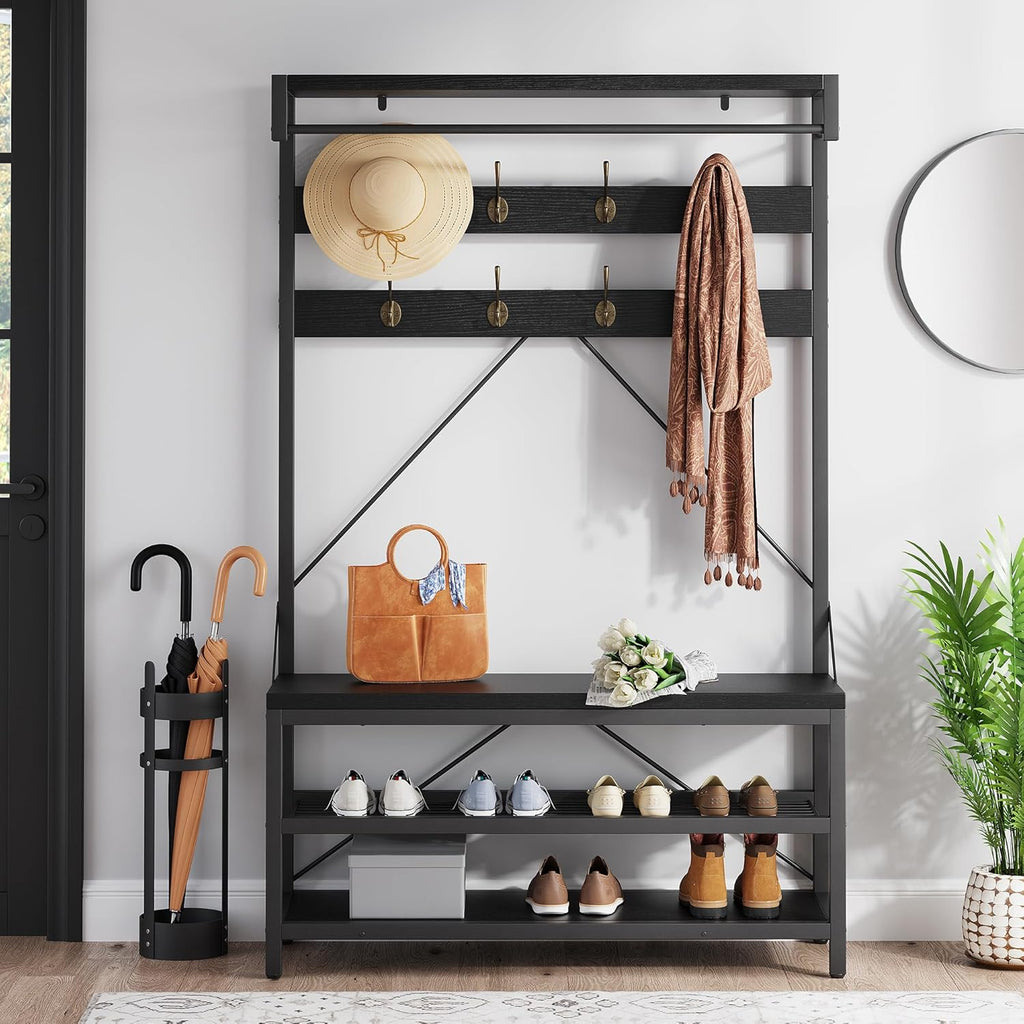 40" Industrial Hall Tree, 3-in-1 Entryway Coat Rack Shoe Bench with 8 Hooks & 3-Tier Storage Shelf, Heavy Duty Metal Frame Mudroom Organizer, Black