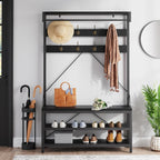 40" Industrial Hall Tree, 3-in-1 Entryway Coat Rack Shoe Bench with 8 Hooks & 3-Tier Storage Shelf, Heavy Duty Metal Frame Mudroom Organizer, Black