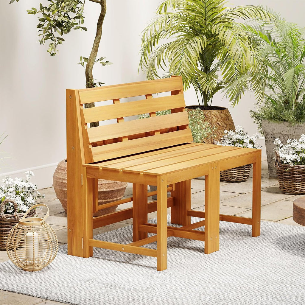 HAPPYGRILL 3-in-1 Acacia Wood Outdoor Dining Table Bench Set, with 2 Built-in Chairs, Plant Stand, Patio Bench Table for Backyard Garden
