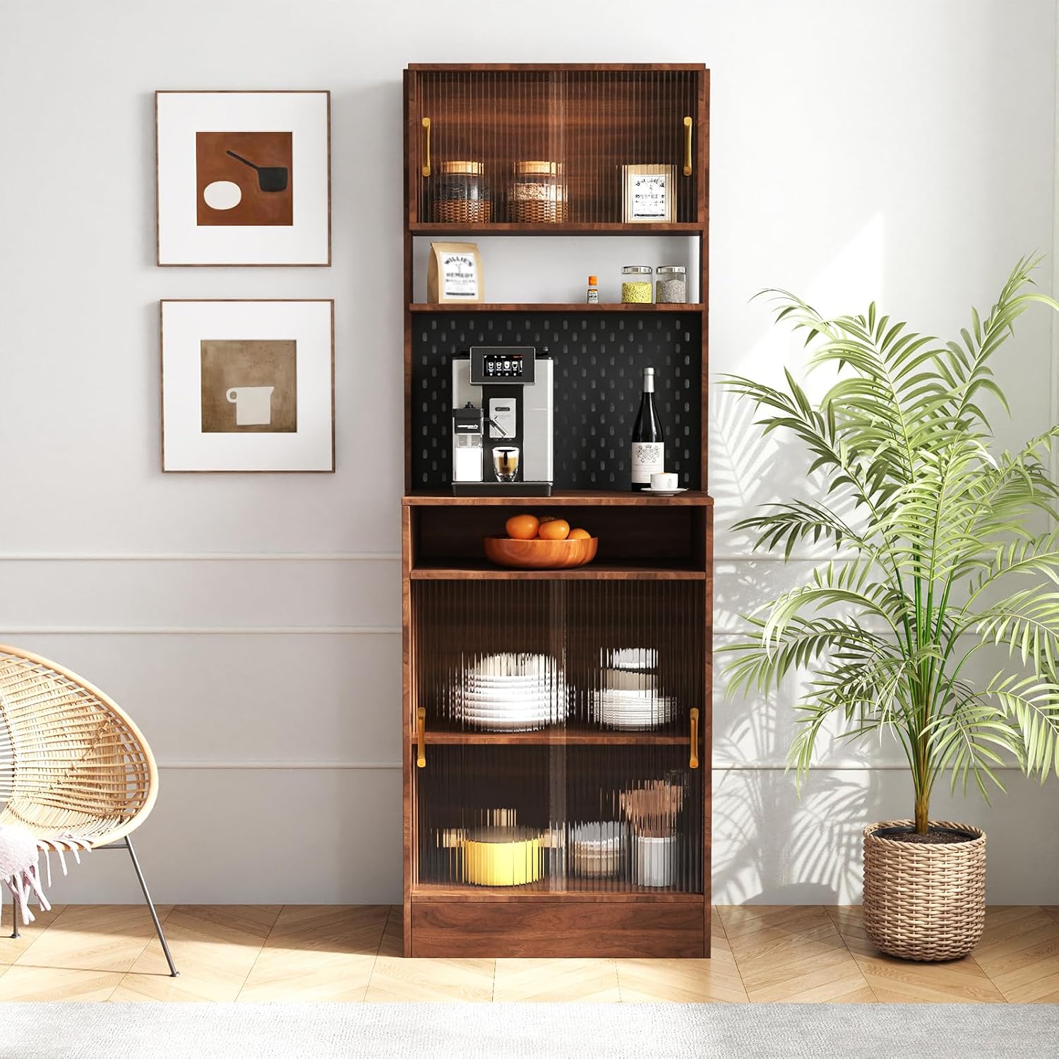 70.87" Freestanding Kitchen Sideboard, Sideboard Storage Cabinet with 2 Sliding Striped Glass Doors for Bottles, Wine, Coffee Maker, Microwave and More, Walnut